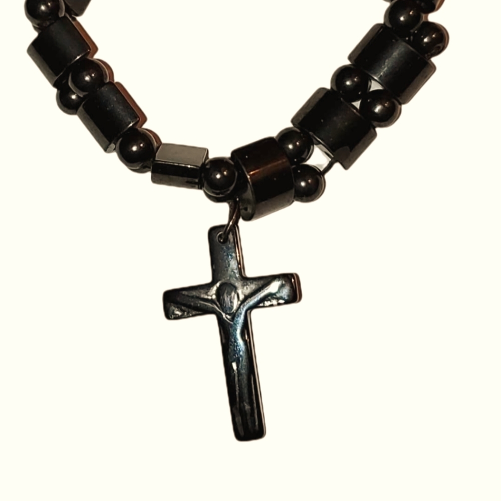 Jesus on the Cross Steel Gray Black Magnetic Hematite Bracelet Stretch